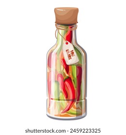 Pickled red and green chili peppers, cartoon glass bottle. Jar of chili pickles with lid, cartoon container of healthy condiment and food ingredient with Super Hot text on label vector illustration