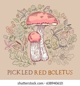 Pickled red-cap bolete mushroom with leaves, spices and berries in engraved style. Round shape pattern background in pale colors. Vector illustration for pickled mushrooms with lettering.