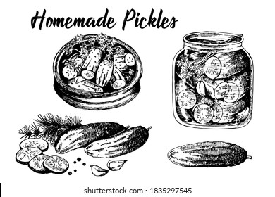 Pickled, sour cucumbers, dill, bay leaf, garlic in a clay bowl, in a jar, on a table, black and white drawing, sketch, hand-drawn, vector illustration