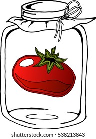 Pickled tomato in glass jar. Vector illustration of a tomato in a jar. Hand drawn pickled tomato in glass jar.