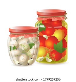 Pickled Tomatoes and Pickled Champignons in Glass jars with lids. Pickles, Semi-finished products. Vector illustration isolated on white background.