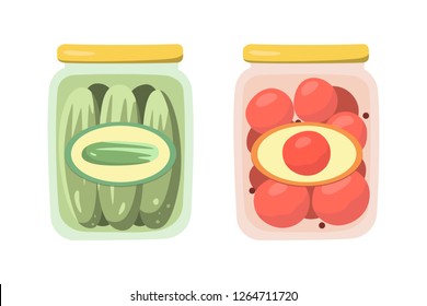 Pickled tomatoes and cucumbers in banks. Isolated objects in flat style. Vector illustration 
