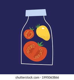 Pickled tomatoes in the glass jar. Flat hand drawn pickled vegetable. Cute container for canning with homemade marinated tomato.