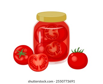 Pickled tomatoes in glass jar isolated on white background. Vector cartoon flat illustration.