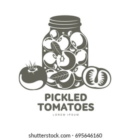 Pickled tomatoes glass jar logo for your design. Home canning, tomatoes, marinade, black peppercorn, bay leaf, brine. Pickled tomatoes badges, labels. Vector illustration isolated on white background