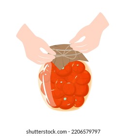Pickled tomatoes with spices in a jar. Homemade preserves of fresh fruit. Preparing and Preserving Food. Canned natural healthy products vector illustration.