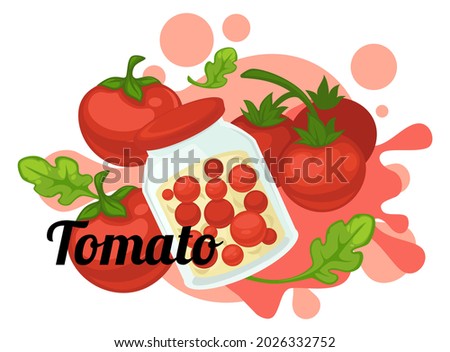 Pickled tomatoes vegetables conserved in jar, preserved veggies for winter. Organic and natural food, menu for vegetarians and vegan. Pickling with marinade in bottle glass. Vector in flat style