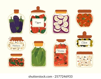 Pickled vegetables. Canned preserves organic food in glass jars, homemade preserved food of cucumbers tomatoes mushrooms spices, vegetarian cuisine. Vector cartoon set.