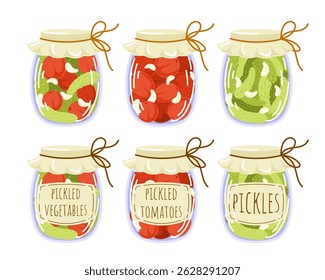 Pickled vegetables collection in flat style. Marinated cucumber, tomatoes, garlic. Autumn marinate food in jar with labels. Illustration isolated on a white background.