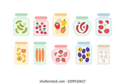 Pickled vegetables and fruits closed in glass jars set isolated on white background.