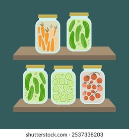 Pickled vegetables in glass jars, food storage shelves.