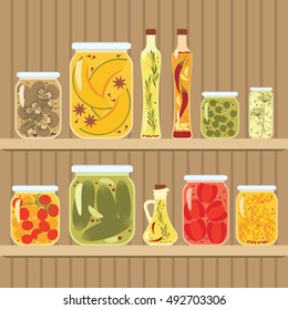 Pickled vegetables in glass jars and infused oil bottles vector illustration