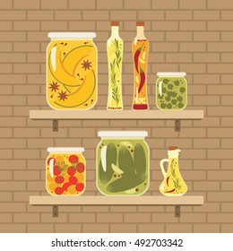 Pickled vegetables and infused oil on shelves vector illustration