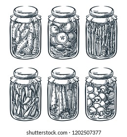 Pickled vegetables and mushrooms in glass jar, vector sketch illustration. Home made preserves hand drawn design elements.