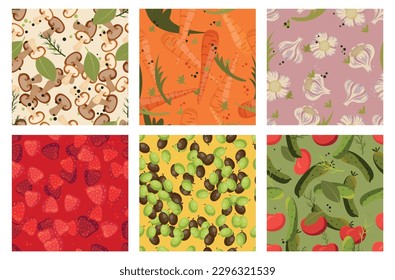 Pickled vegetables seamless pattern wallpaper template decorative design set vector flat illustration. Canned fruits spices and mushrooms carrot garlic strawberry grape olives cucumber tomato herbs