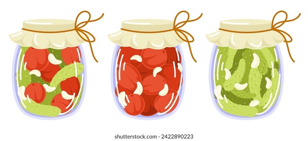 Pickled vegetables set in flat style. Marinated cucumber, tomatoes, garlic. Autumn marinate food. Vector illustration isolated on a white background.