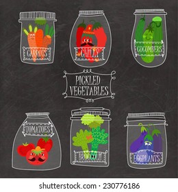 Pickled vegetables in vector set - carrots, chilly, cucumbers, tomatoes, broccoli, eggplants.