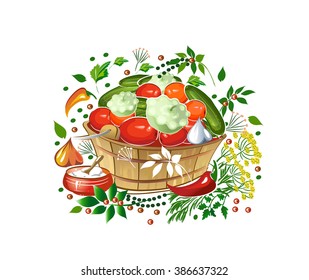 Pickled vegetables in a wooden tub, tomatoes, cucumbers, squash. Vector illustration.