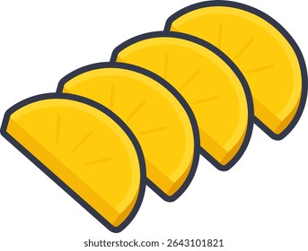Pickled yellow radish slices arranged in a row.