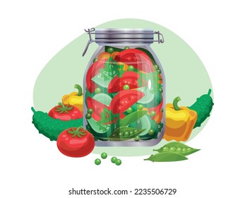 Pickles composition with isolated image of marinated vegetables in glass jars with ripe fruits vector illustration