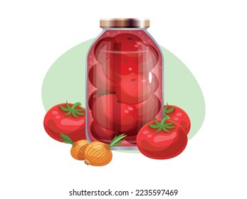 Pickles composition with isolated image of marinated vegetables in glass jars with ripe fruits vector illustration