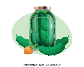 Pickles composition with isolated image of marinated vegetables in glass jars with ripe fruits vector illustration