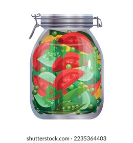 Composición de las pollitas con imagen aislada de tarro de albañil relleno con verduras adobadas en fondo blanco ilustración vectorial