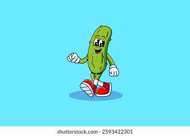 pickles cucumber vegetables retro cartoon character mascot illustration with walking pose and showing a cheerful face for restaurant, mart, food court, garden mascots and merchandise