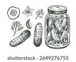 Pickles, cucumbers in a jar, hand drawn sketch, realistic vector illustration