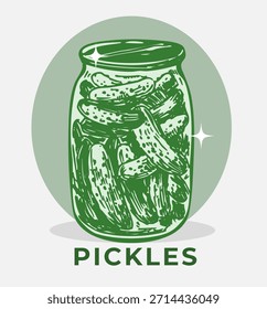 Picles, pepinos em um frasco, esboço desenhado à mão, ilustração vetorial realista