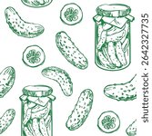 Pickles, cucumbers in a jar, seamless pattern, hand drawn sketch, realistic vector illustration