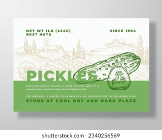 Plantilla De Etiqueta De Comida Pickles. Diseño de diseño de empaquetado de vectores abstractos. Banner de tipografía moderna con pepinos dibujados a mano y fondo paisajístico rural. Aislado