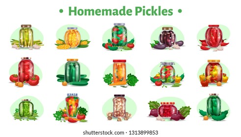 Pickles horizontal set of fifteen isolated images with marinated vegetables in glass jars with ripe fruits vector illustration