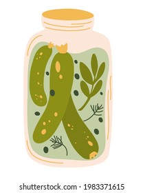 Pickles in jar, isolated jar of pickled cucumbers. Fermented veggies. Marinated vegetables in can, homemade production full of probiotics. Crunch gherkin with salt. Organic product. Vector