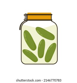 Pickles in jar, isolated jar of pickled cucumbers. Marinated vegetables in can, homemade production full of probiotics. pickled cucumbers cartoon vector.