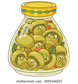 Pickles jar. Pickled champignon mushrooms. Happy canned food concept. Cartoon design for kids coloring book, colouring page, t-shirt print, icon, logo, label, patch, sticker.