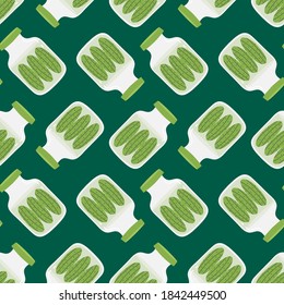 Pickles Jar With Pickled Cucumbers Vector Cartoon Style Seamless Pattern Background.