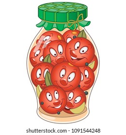 Pickles jar. Pickled tomatoes in rustic style. Happy canned food concept. Cartoon design for kids coloring book, colouring page, t-shirt print, icon, logo, label, patch, sticker.