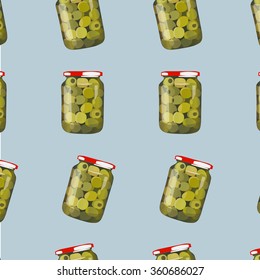 pickles in jars. Pattern of pickled realistic olives. Colorful Vector illustration.