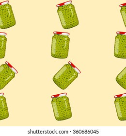 pickles in jars. Pickled realistic peas. Colorful Vector illustration.