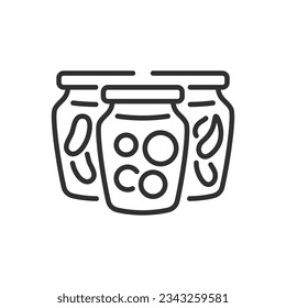 Pickles, linear icon, jars of canned food. Line with editable stroke