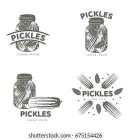 Pickles Logo Set For Your Design. Home Canning, Glass Jar, Pickle, Cucumber, Marinade, Black Peppercorn, Bay Leaf, Brine. Pickles Badges, Labels. Vector Illustration Isolated On White Background