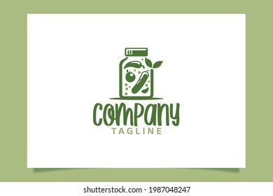 Pickles logo vector graphic with cucumber and other ingredients in a jar.