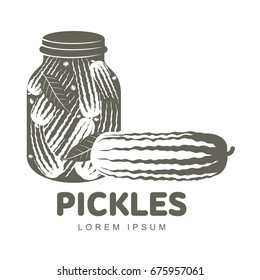 Pickles Logo For Your Design. Home Canning, Glass Jar, Pickle, Cucumber, Marinade, Black Peppercorn, Bay Leaf, Brine. Pickles Badges, Labels Vector Illustration Isolated On White Background