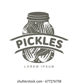 Pickles Logo For Your Design. Home Canning, Glass Jar, Pickle, Cucumber, Marinade, Black Peppercorn, Bay Leaf, Brine. Pickles Badges, Labels Vector Illustration Isolated On White Background