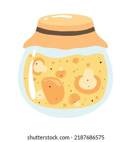 Pickles with mushrooms. Jar with canned mushrooms. Homemade pickles. Pickles from vegetables. Vector illustration.
