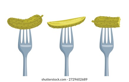 Picles em um garfo. Aperitivo de pepino em conserva. Vegetais fermentados. Ilustração vetorial de alimentos isolada no fundo branco.