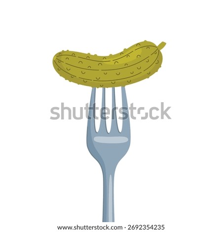 Pickles on a fork. Pickled cucumber appetizer. Fermentation of vegetables. Food vector illustration isolated on white background.
