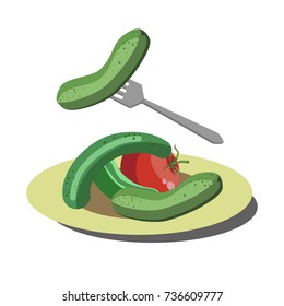 Pickles or pickled cucumber and marinated tomato vector flat isolated icon