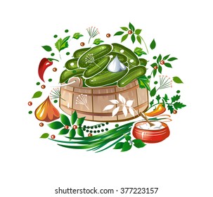 Pickles. Salted cucumbers in a wooden kit. Spices, herbs and seasonings. Vector illustration.